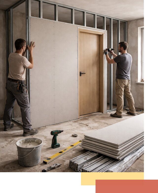 Перегородка из гипсокартона с дверью под ключ в Шатуре