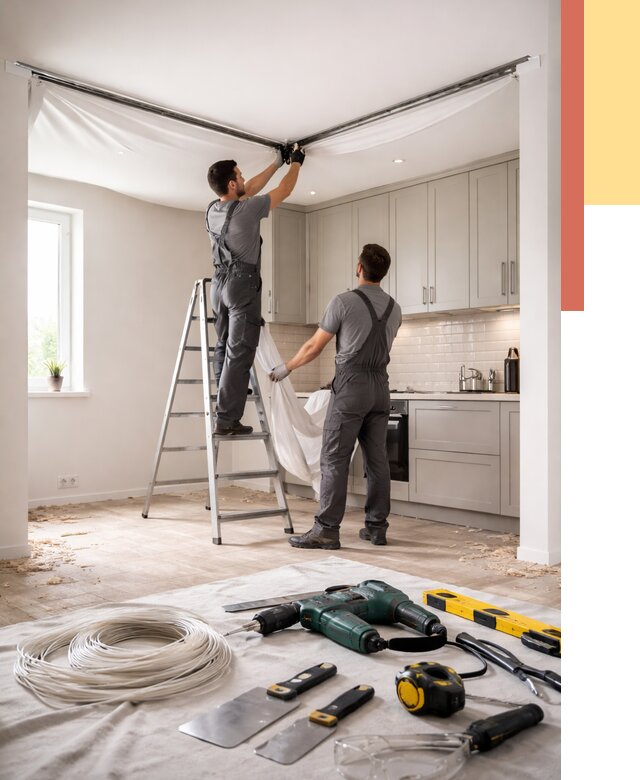 Установка натяжного потолка на кухне в Шатуре от 2459 руб. | ОТДЕЛОЧНИК-Штр